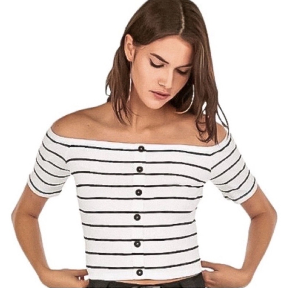 Express Olivia Culpo Black and White Ribbed Striped Off-Shoulder Crop Top